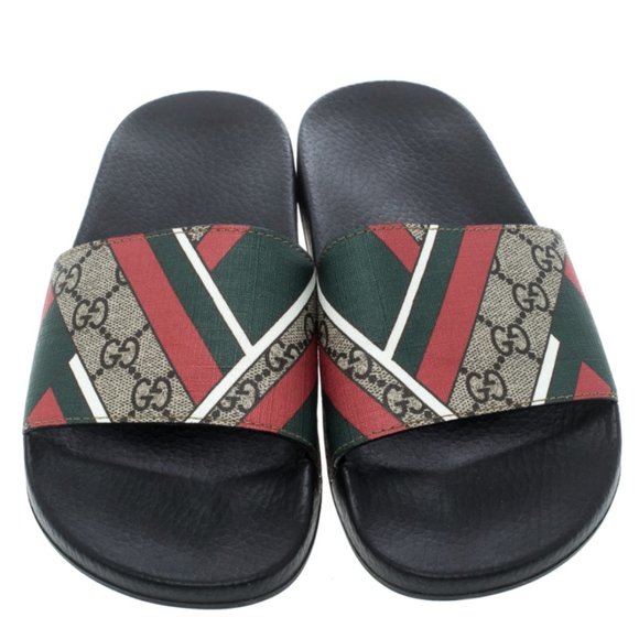 RARE Print! Gucci Style Beige Web Print GG Supreme Canvas Rubber Slide Sandals - Picture 2 of 16